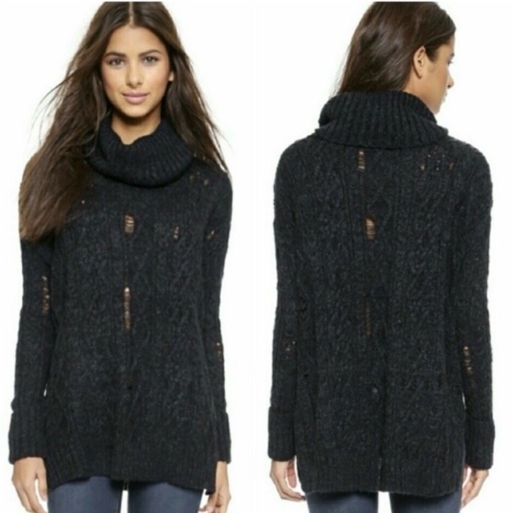 Free People Distressed Cowl Neck Black Pullover Sweater Sz Large